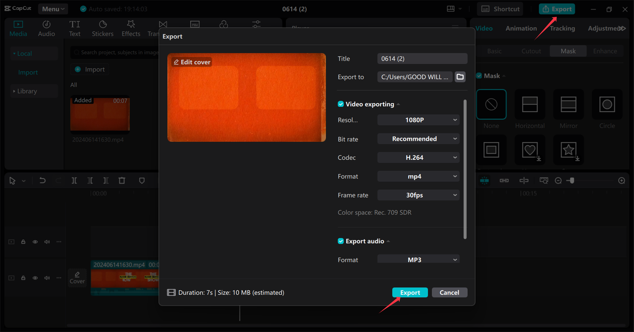 Exporting video after removing text from the CapCut desktop video editor