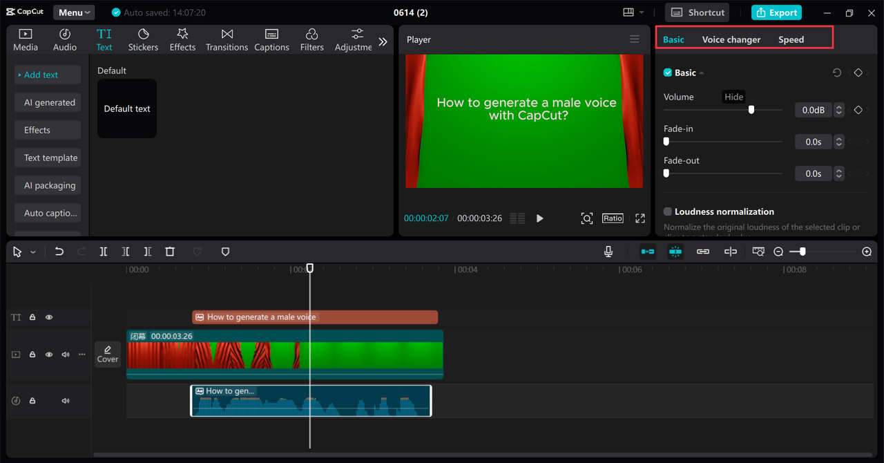 Editing the AI-generated male voice using CapCut desktop video editor