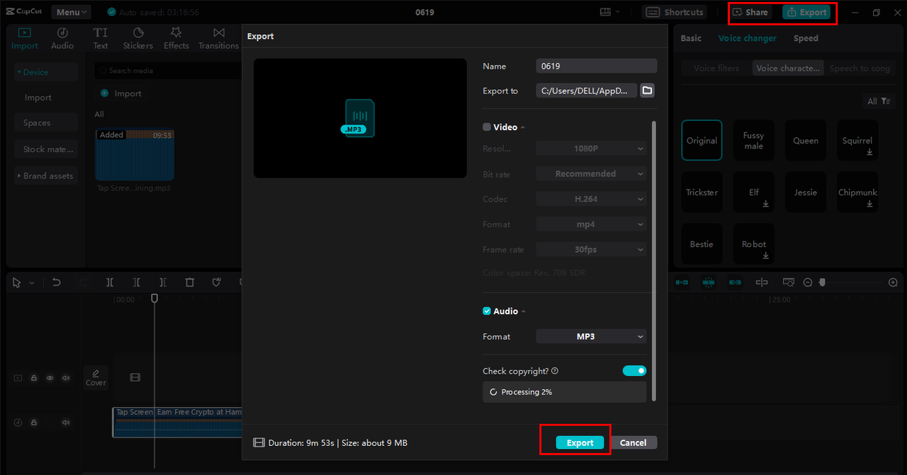 Exporting or sharing the audio in the CapCut desktop video editor 