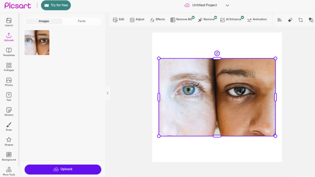 Editor interface of PicsArt 
