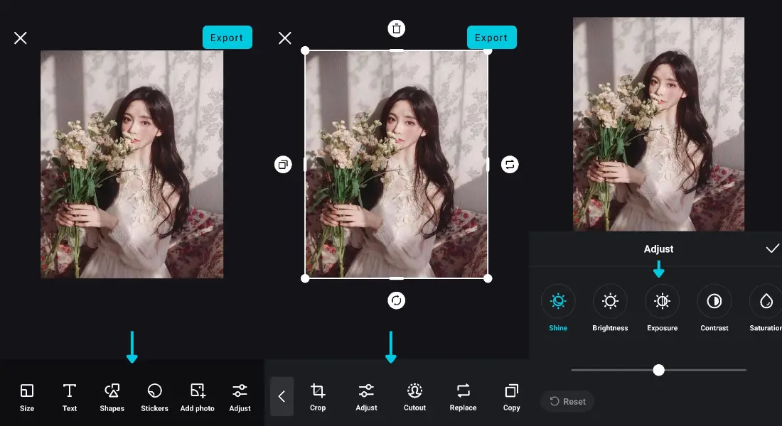 Editor interface of the CapCut mobile app - the best way to relight photos