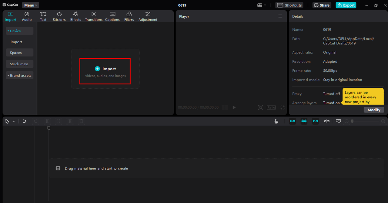 Importing video in the CapCut desktop editor