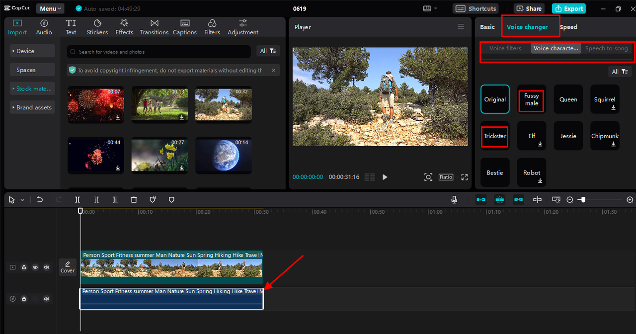 Using AI voice changer feature in CapCut desktop editor to change female voice into male