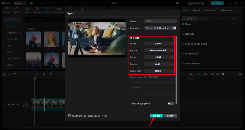 Exporting the refined video from the CapCut desktop video editor