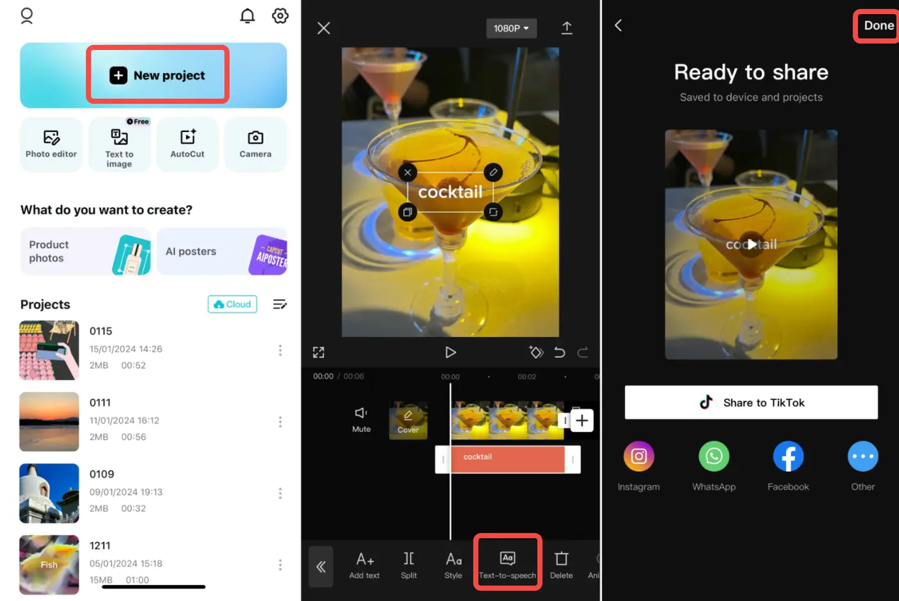 Using the CapCut mobile app to convert text-to-speech