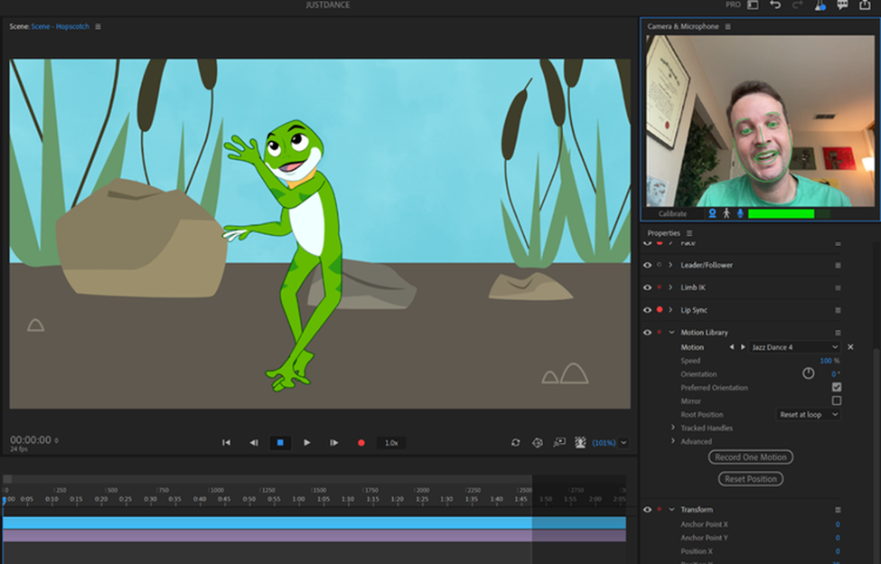 Adobe Character Animator interface with animated character on the screen, demonstrating motion capture tools