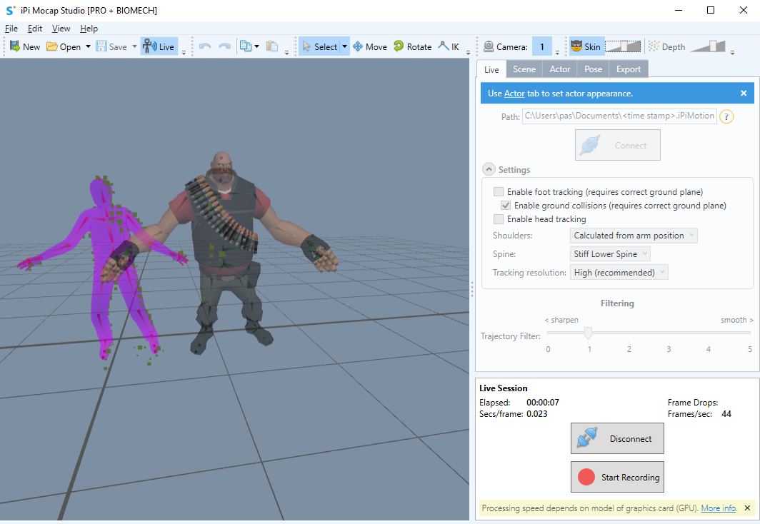 Interface of iPi Soft – a popular motion capture animation software for character animation
