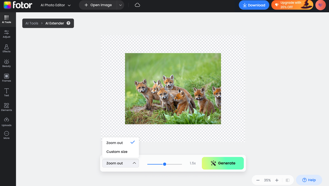 Using AI outpainting for free in Fotor to extend images 