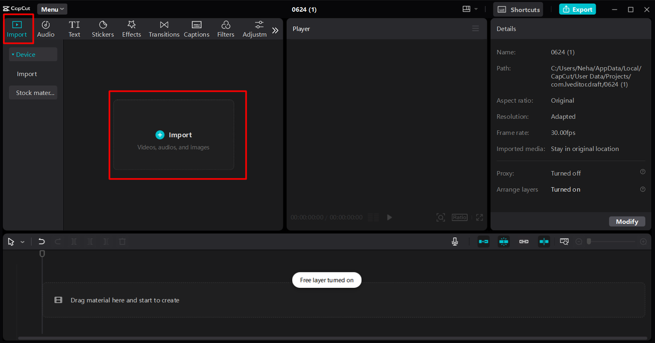 Importing videos to the CapCut desktop video editor's library