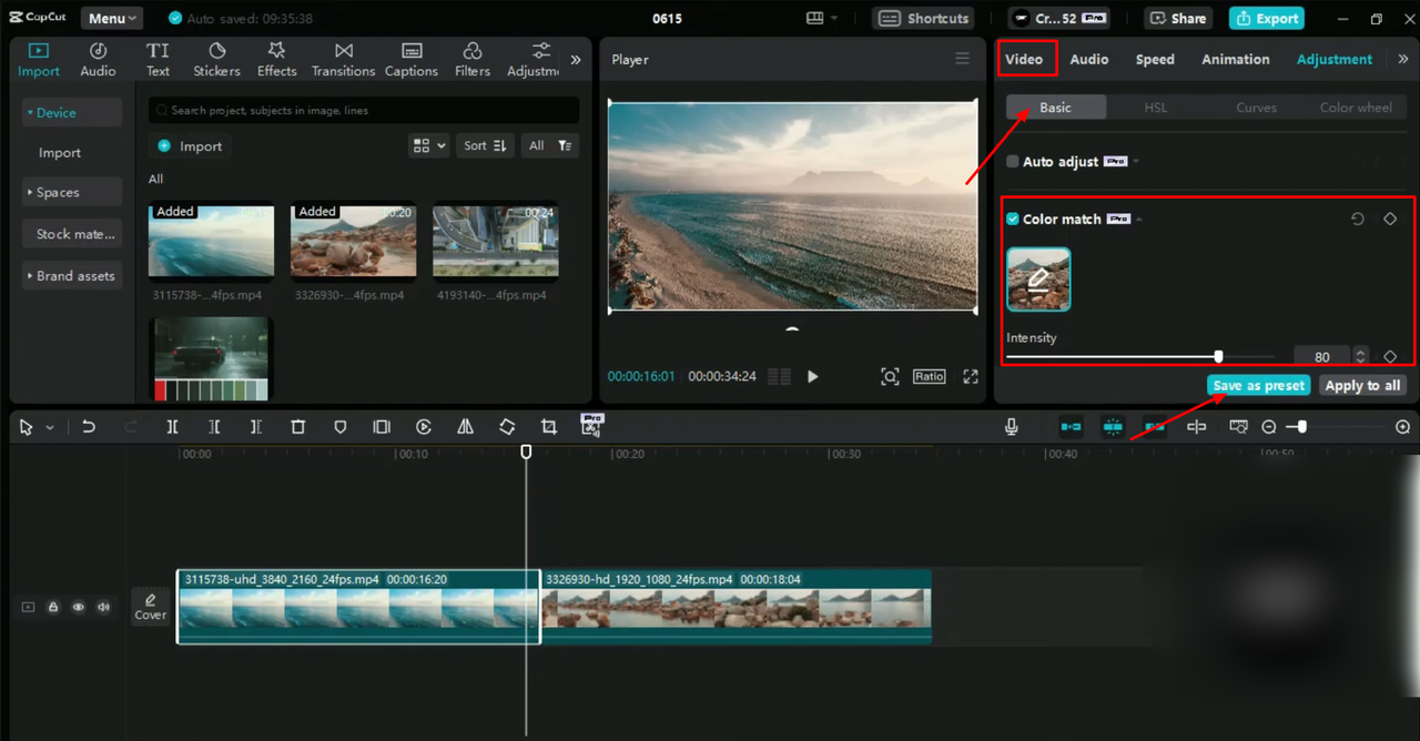Employing AI color matching in videos using the CapCut desktop video editor