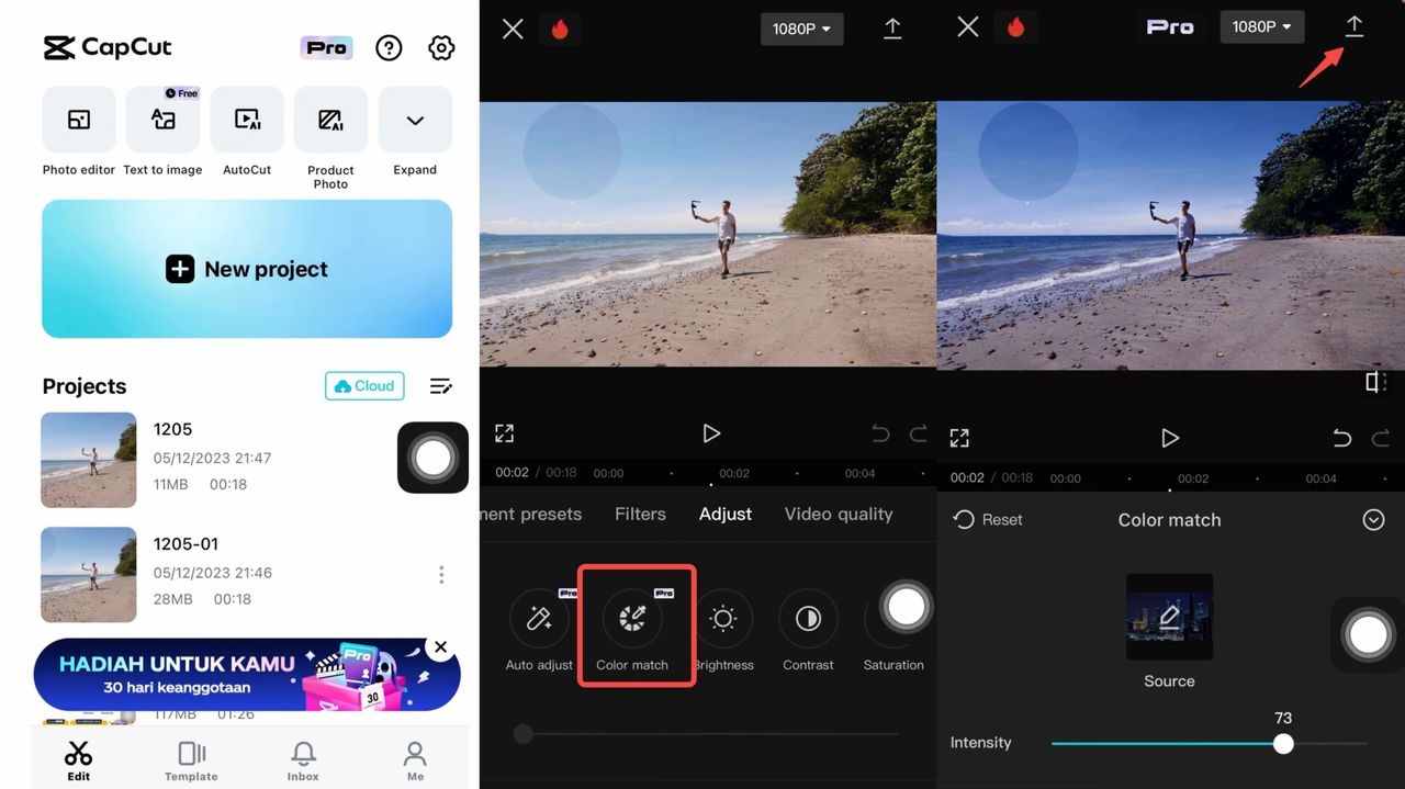 Interface of CapCut mobile app - the best color matching AI tool for phone