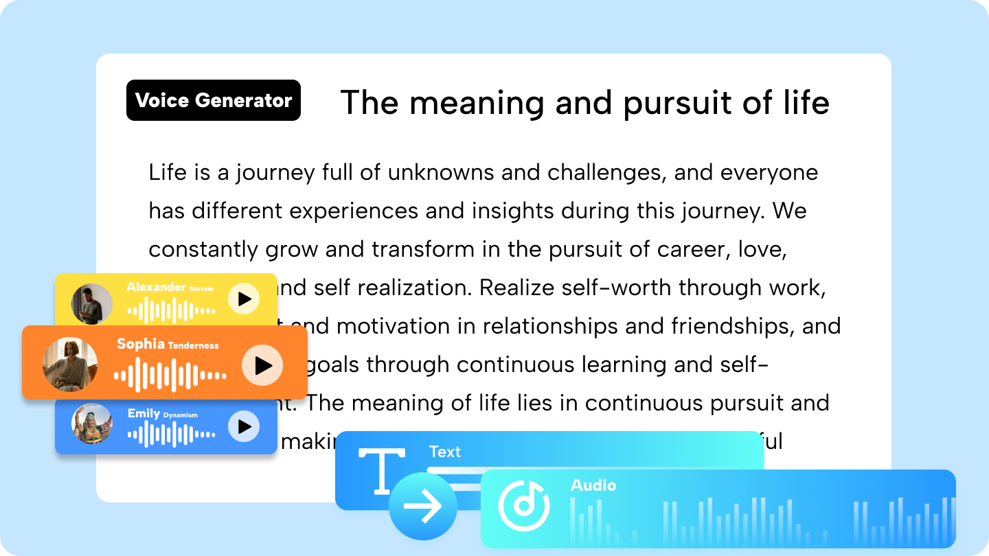 An illustration of an AI robot head with sound waves, representing the AI text-to-voice generation process.