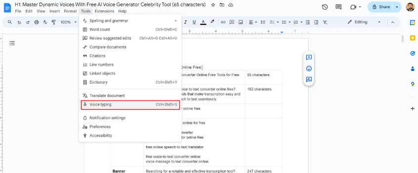 Google Docs Voice Typing