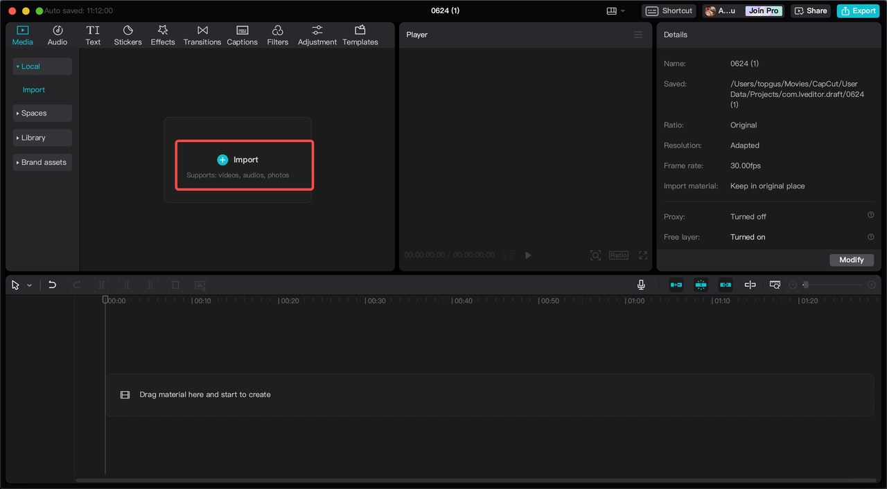 Import the video file 