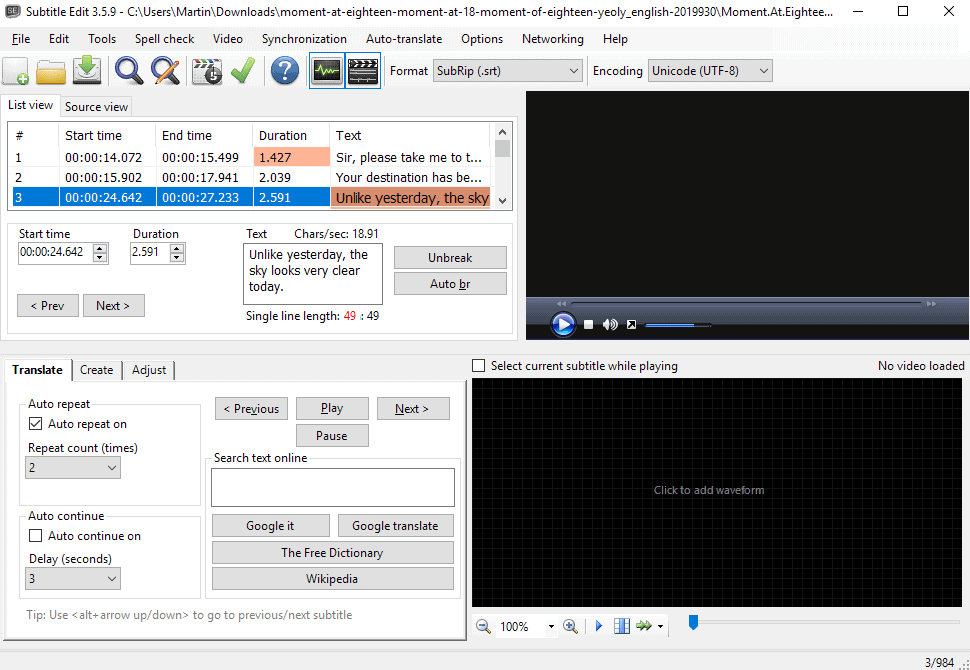 Subtitle edit main interface