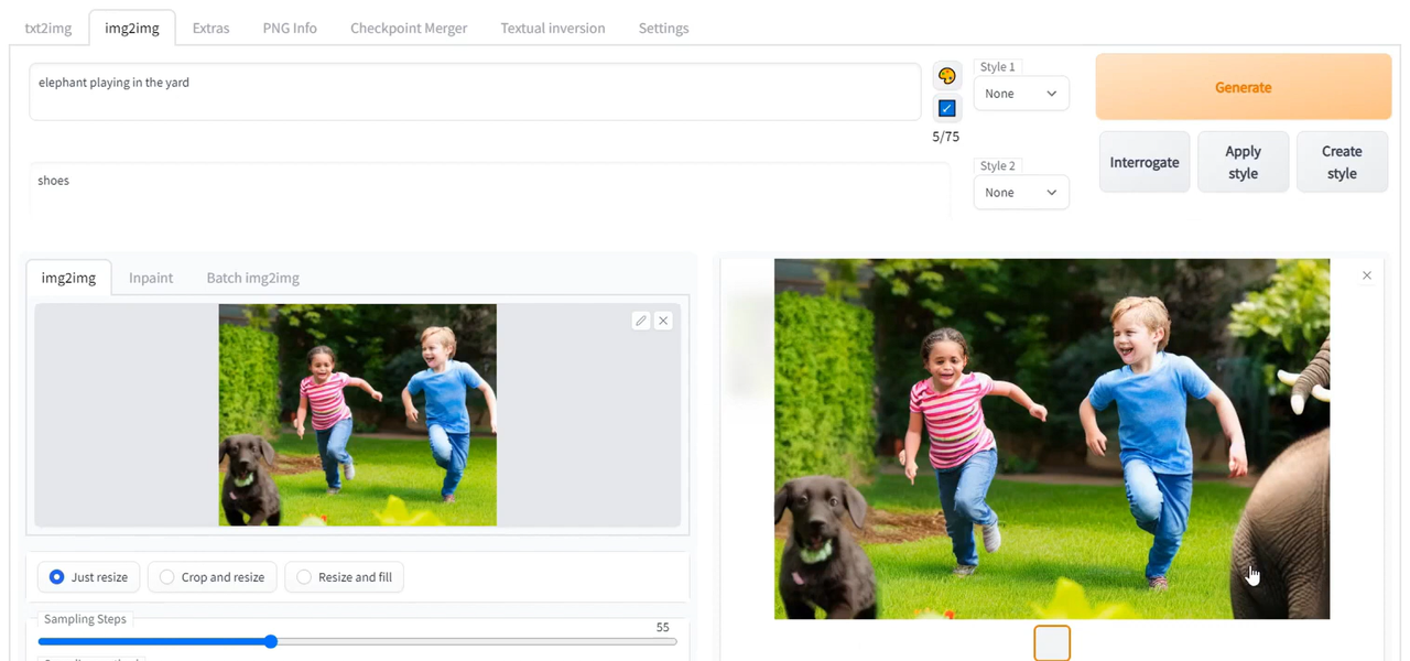 Interface of Automatic1111's WebUI interface showcasing outpainting with stable diffusion