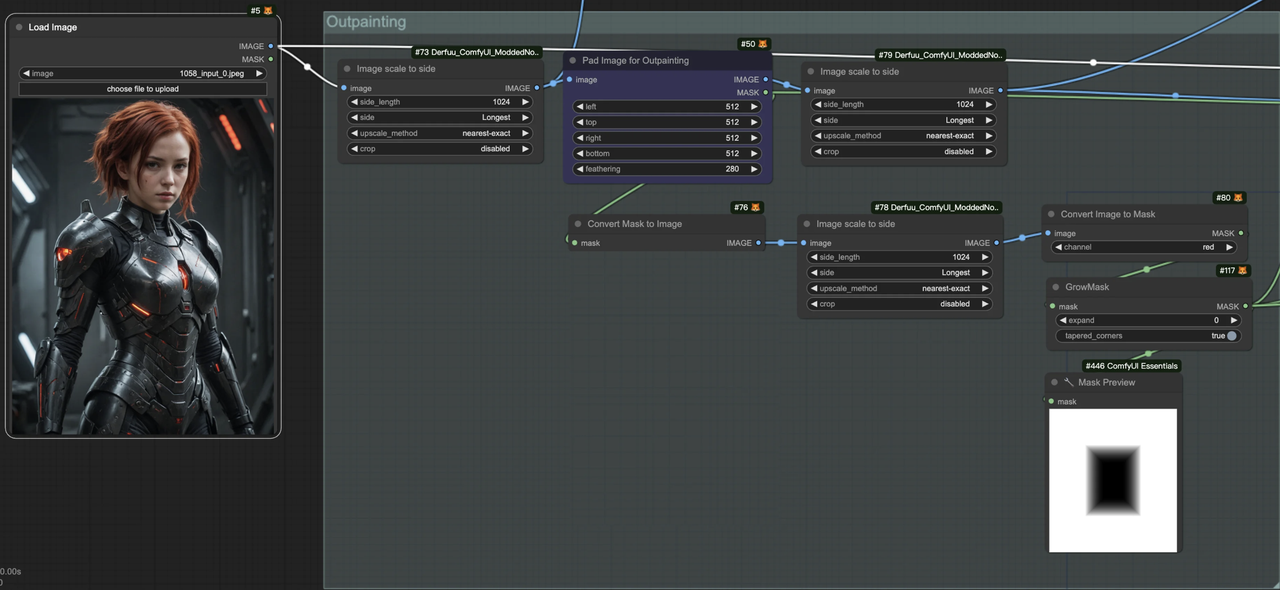 Interface of ComfyUI showing the stable diffusion outpainting process