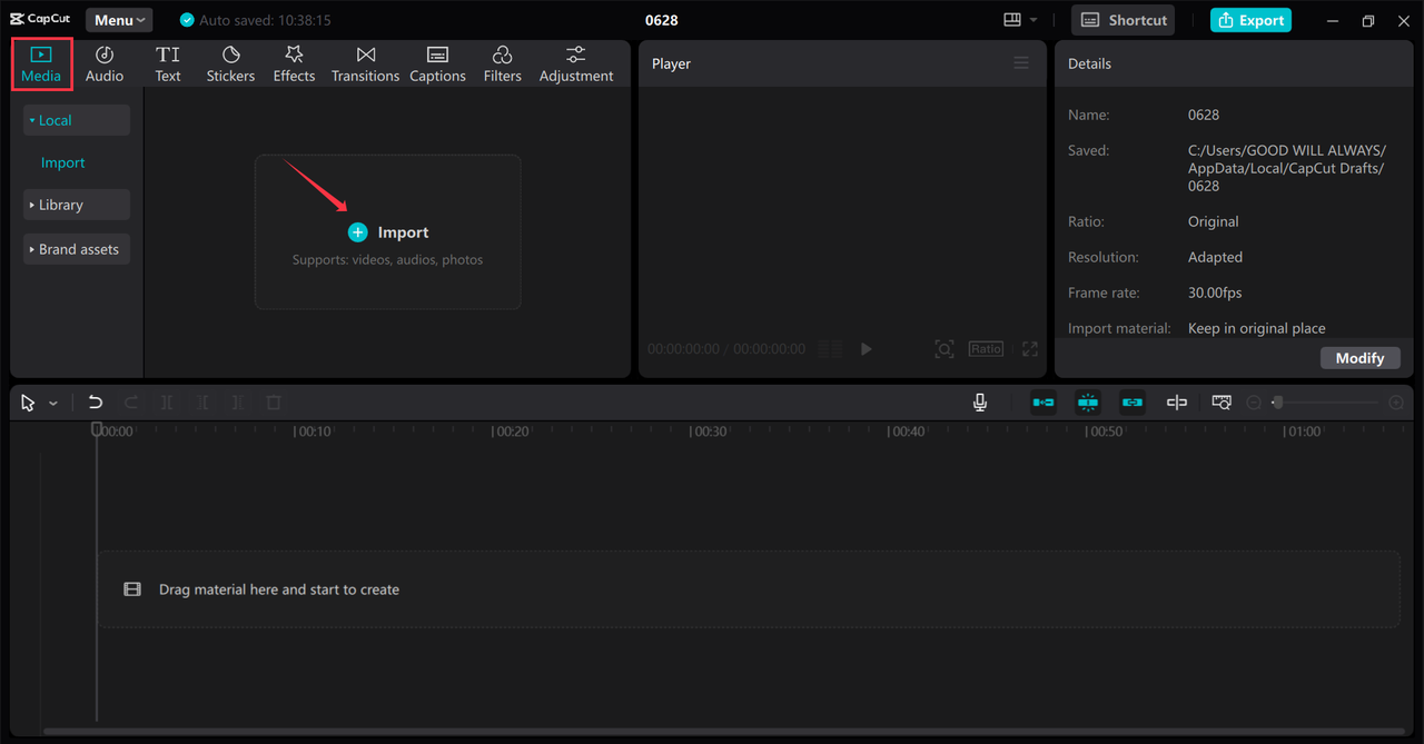  Importing the image to expand it in the CapCut desktop video editor