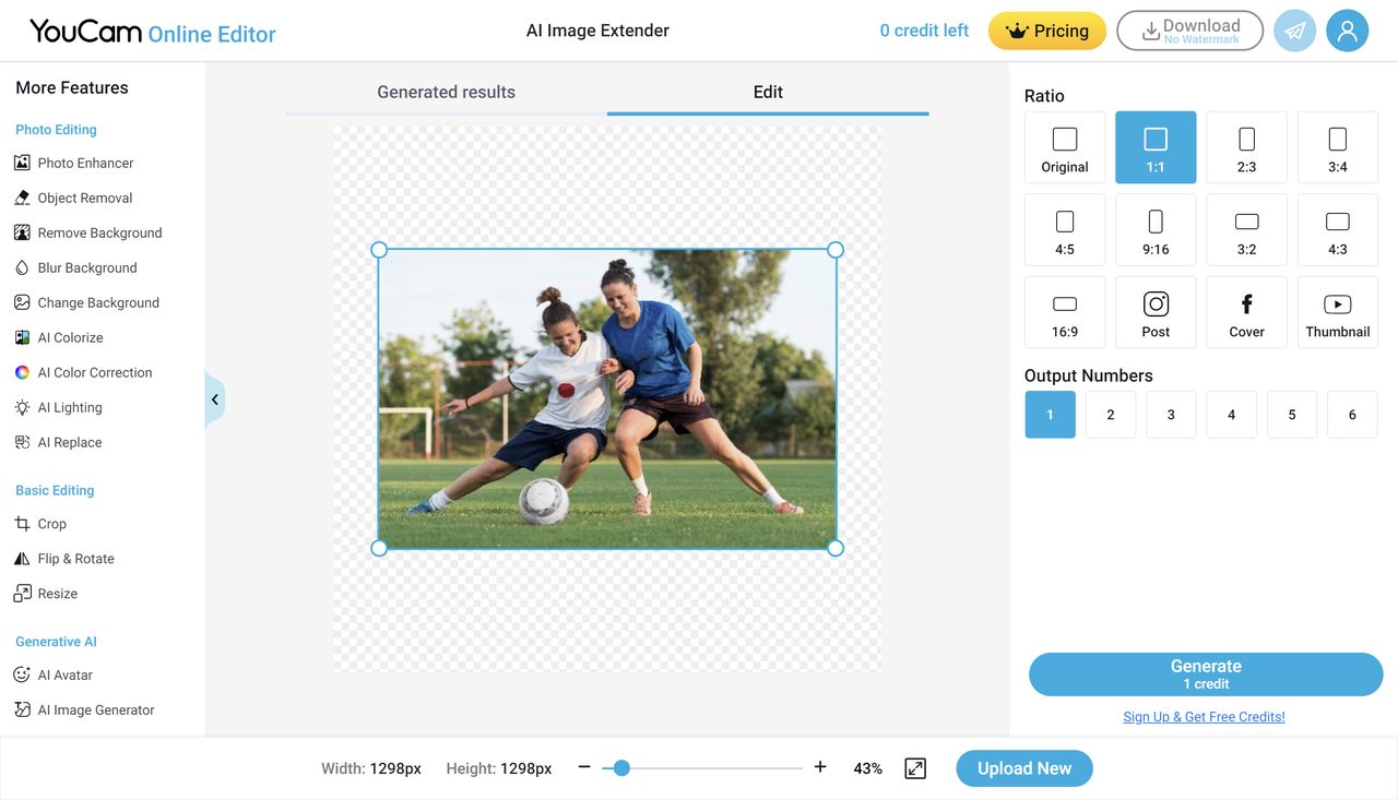 Using YouCam online free AI image extender to expand images