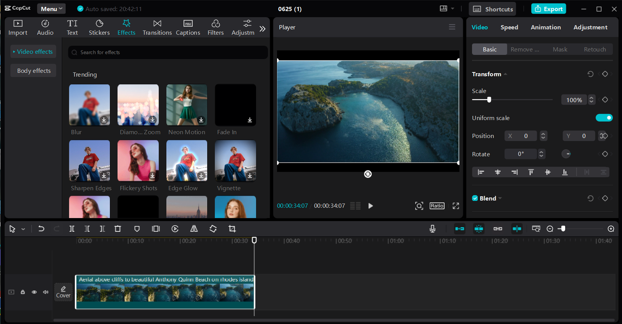 Interface of the CapCut desktop video editor - the best color-matching tool
