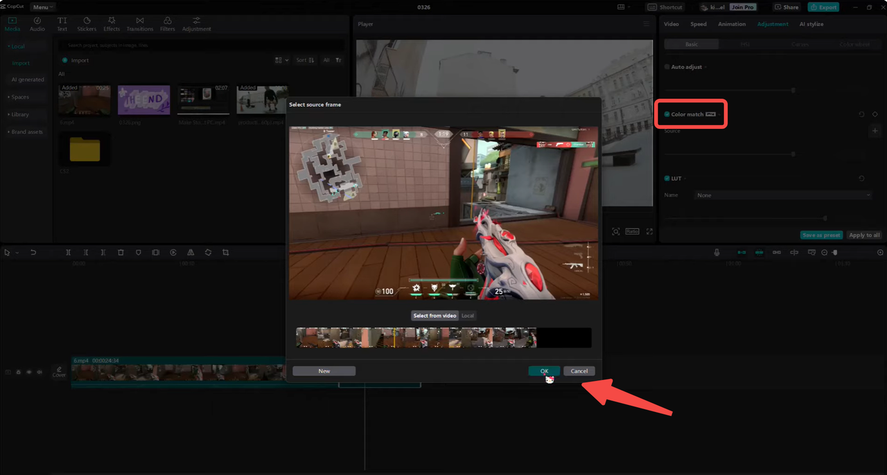 Matching colors in video using CapCut desktop video editor
