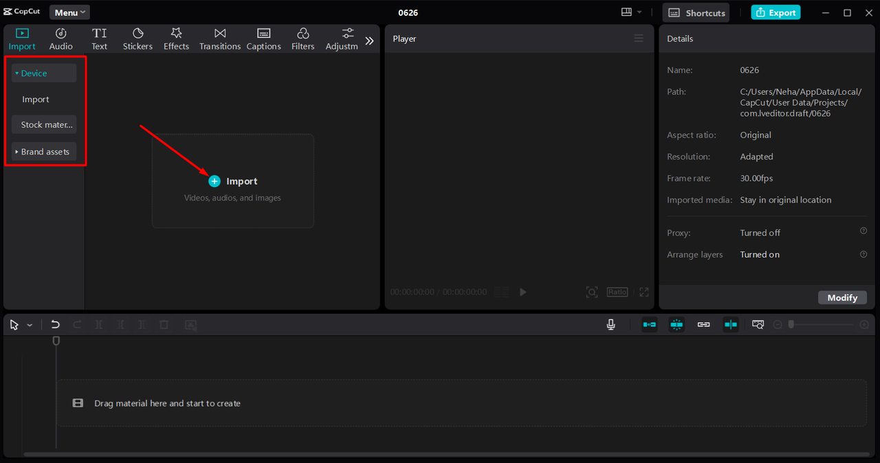 Uploading files to the CapCut desktop video editor's library