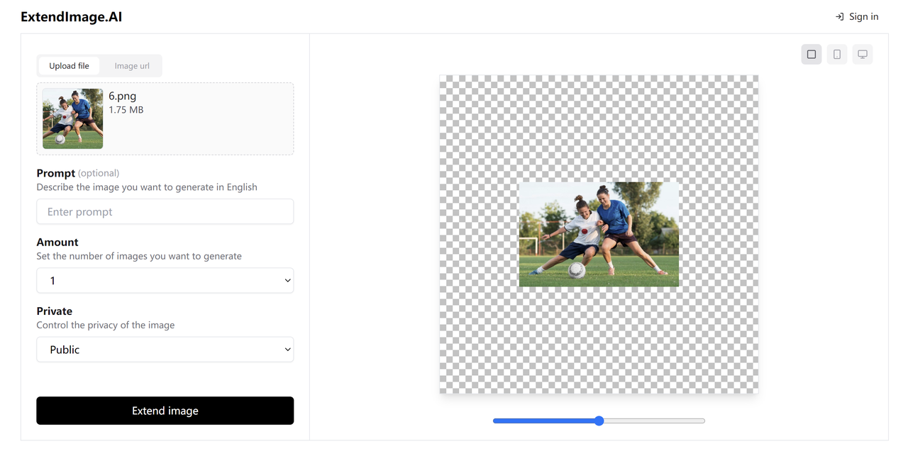 Interface of ExtendImageAI - an AI image extender online