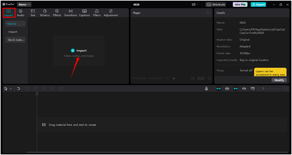 Uploading an image to expand it in the CapCut desktop video editor