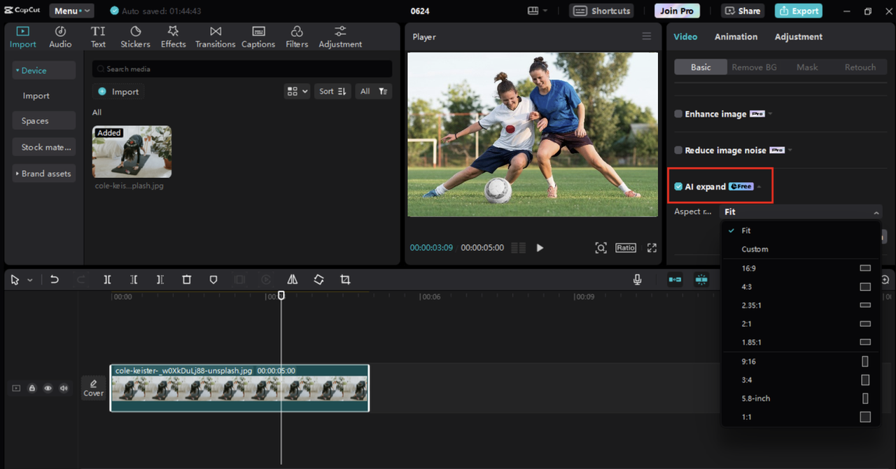 Using the "AI expand" tool to enhance an image in the CapCut desktop video editor