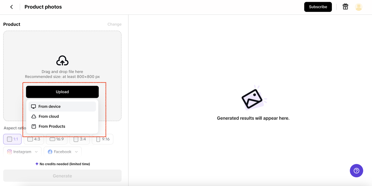 загрузить изображение продукта