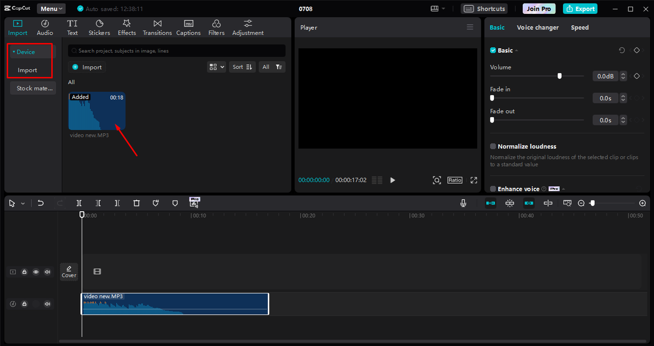 Importing an audio file from a device to the CapCut desktop video editor
