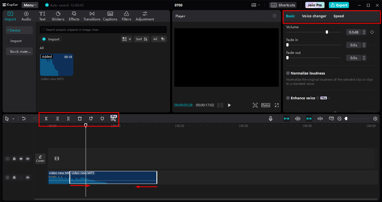 Editing the MP3 audio using basic and advanced features of the CapCut desktop video editor 
