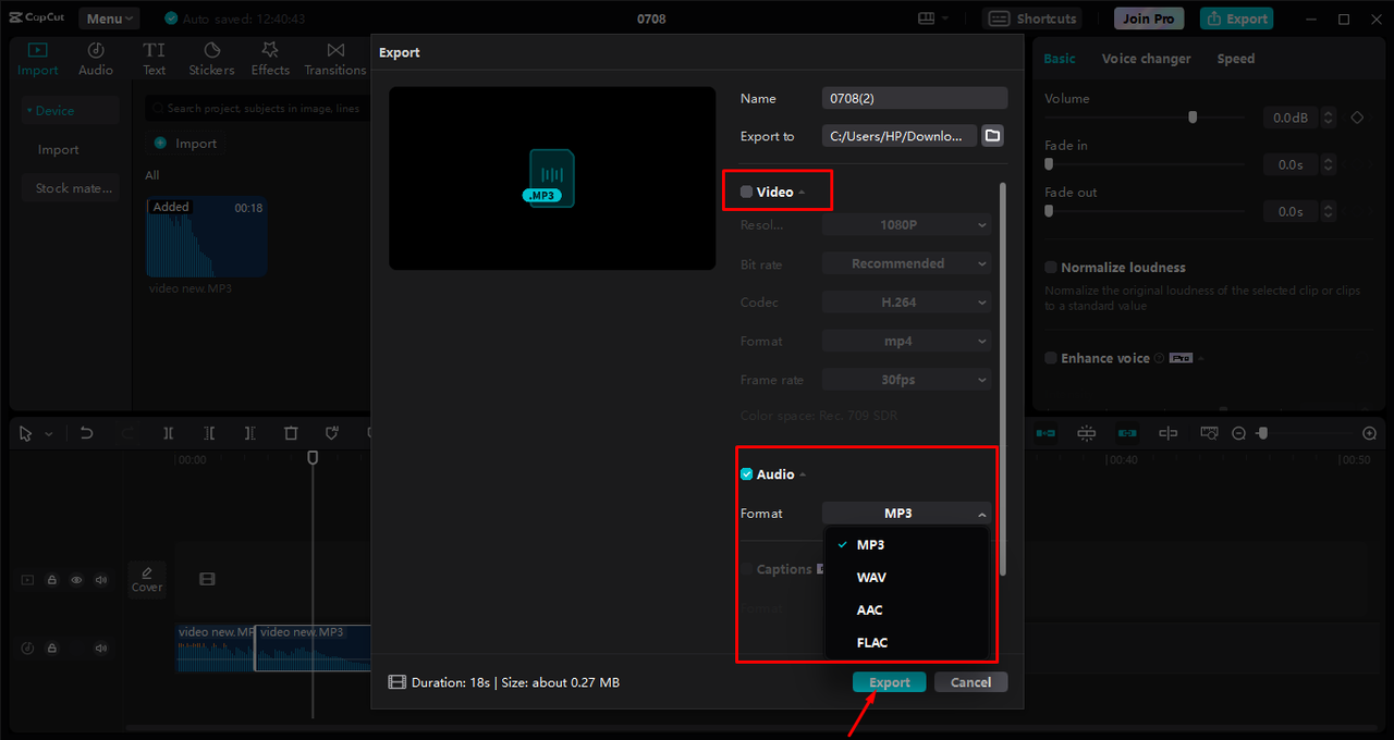 Exporting audio in the desired format using the CapCut desktop video editor