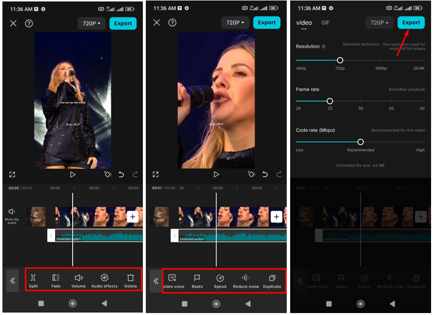The image of the CapCut mobile app showing various features to edit the audio