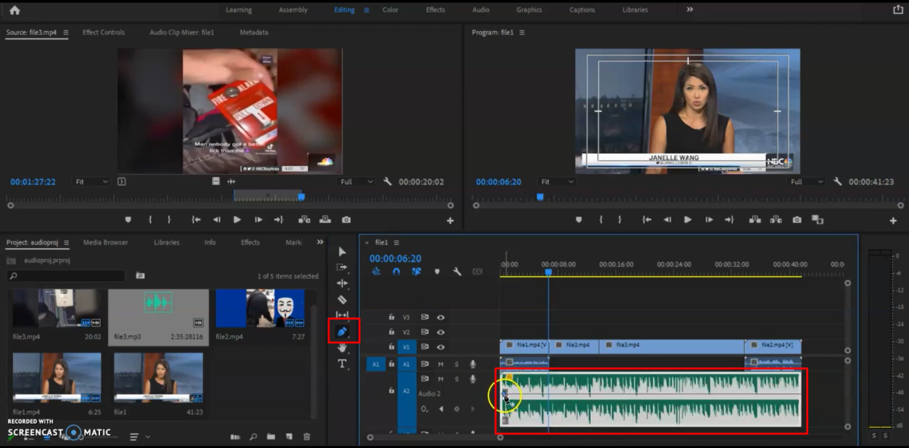 Steps showing how to fade audio in Premiere Pro using the pen tool
