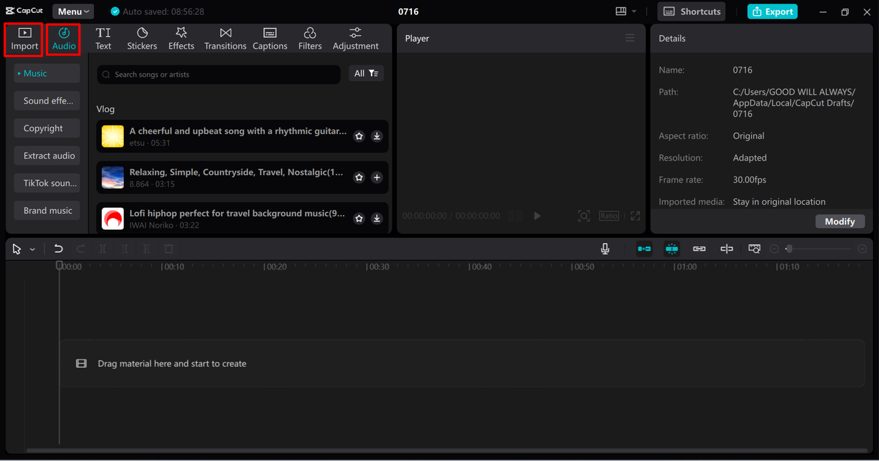 Importing the audio from the device to the CapCut desktop video editor