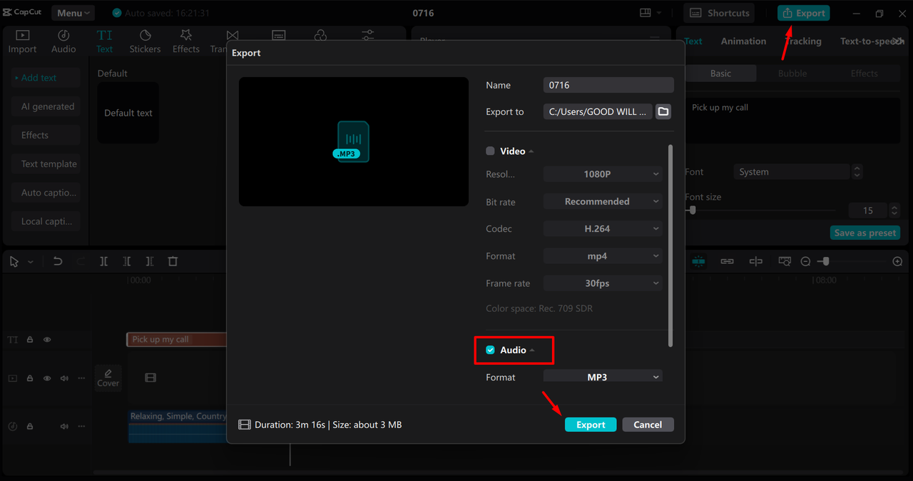 Exporting the ringtone from the CapCut desktop video editor