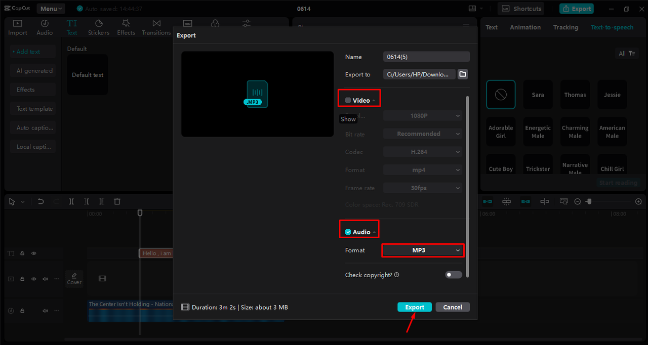 Exporting ringtone in the desired format in the CapCut desktop video editor 