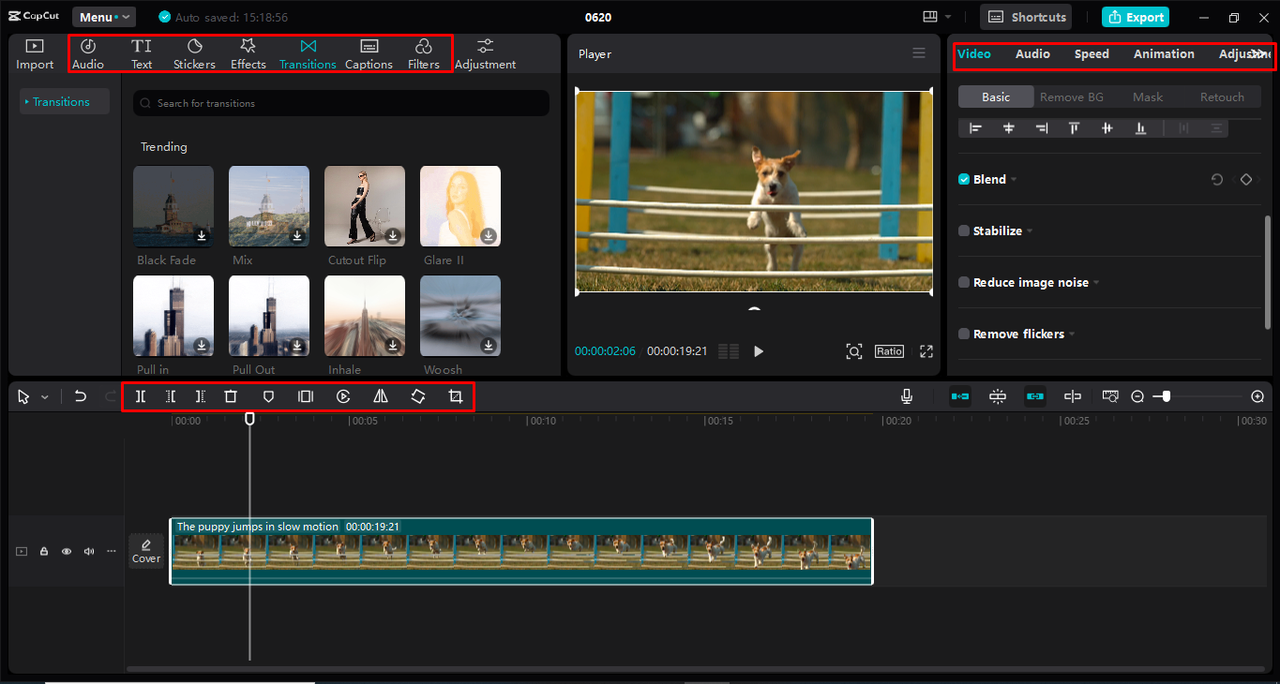 Editing video using various tools in the CapCut desktop video editor 