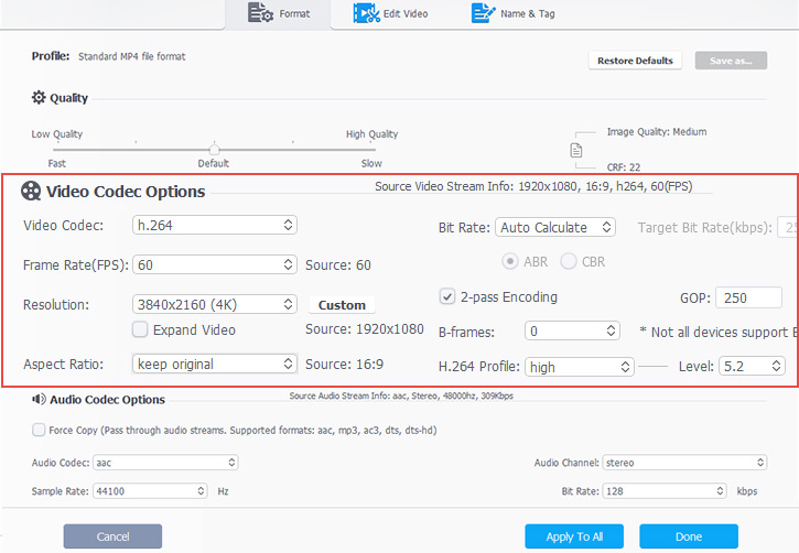 VideoProc editor interface displaying MKV file compression settings and export options