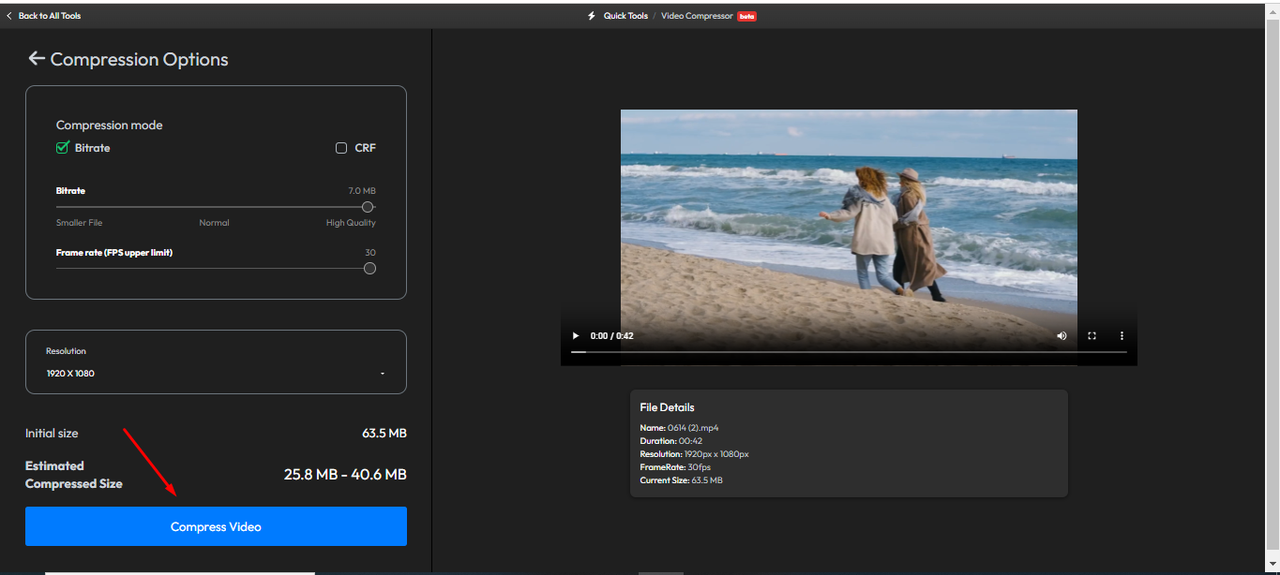 Interface of Flixier showing how to compress MKV files online