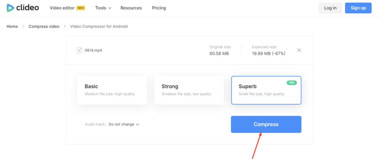Interface of Clideo - the popular MKV video compressor online