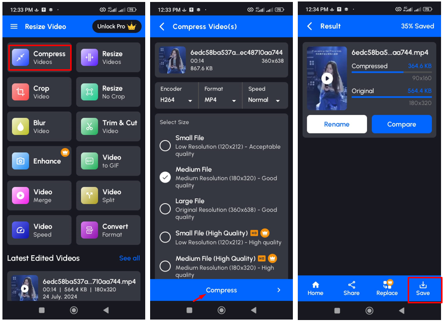 Usinge Resize Video app to compress MKV video