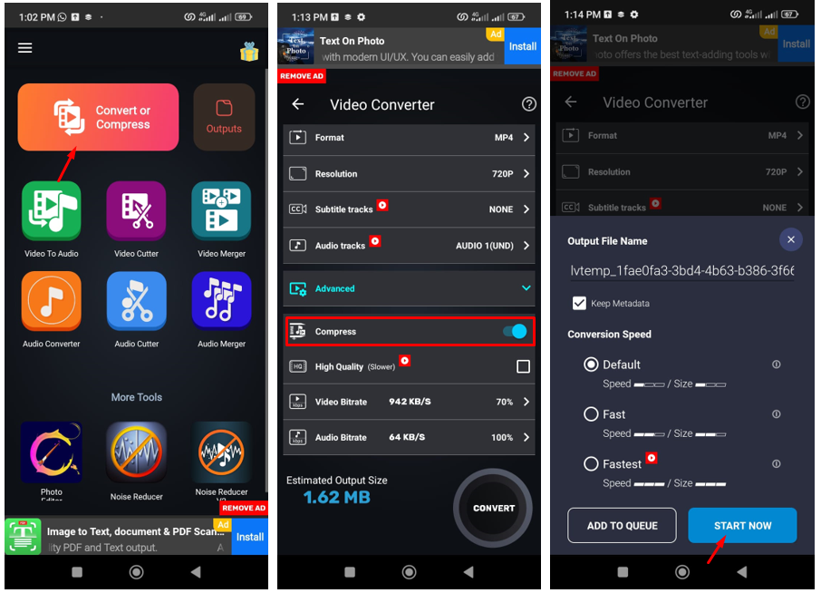 Image showing steps to make MKV file smaller using Focus Video app 