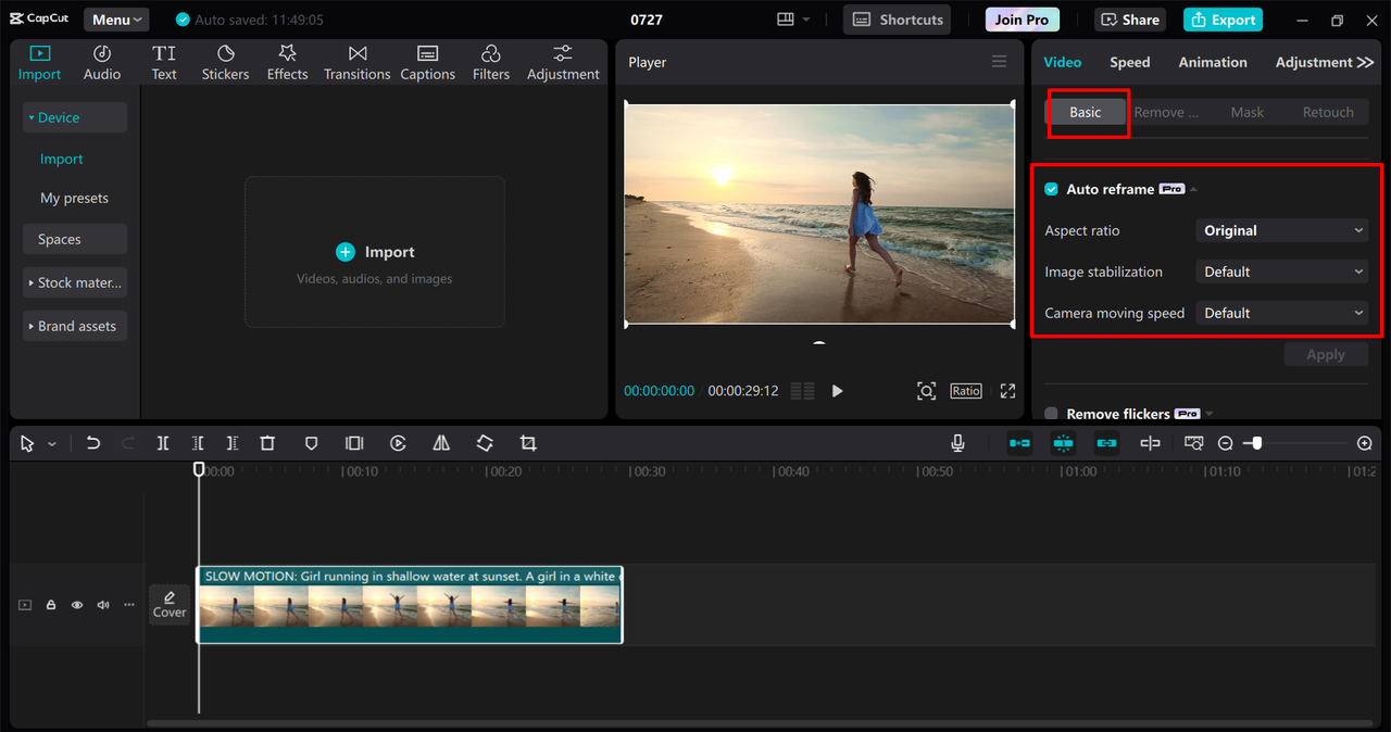 Auto reframing video in the CapCut desktop video editor