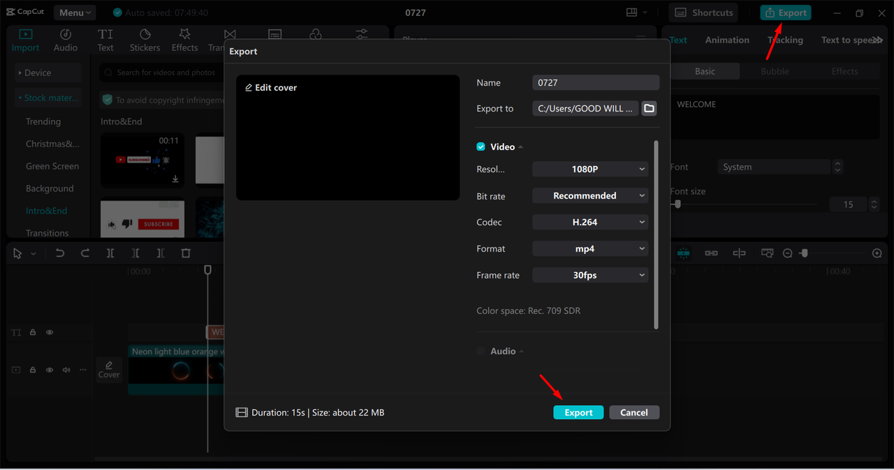 Exporting reframed video from the CapCut desktop video editor 