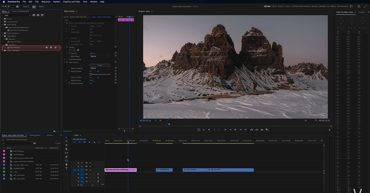 Interface of the Adobe Premiere Pro - a perfect video reframer