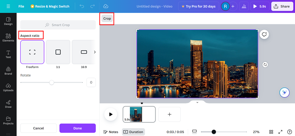 Interface of the Canva - another accessible way to reframe video online 