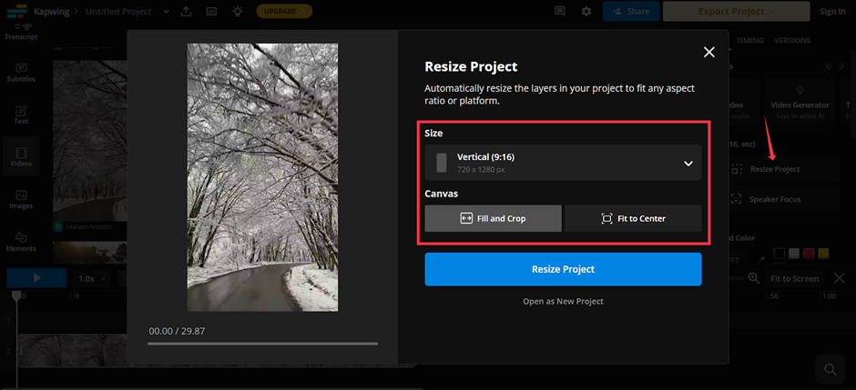 Interface of the Kapwing - the best online video reframer 