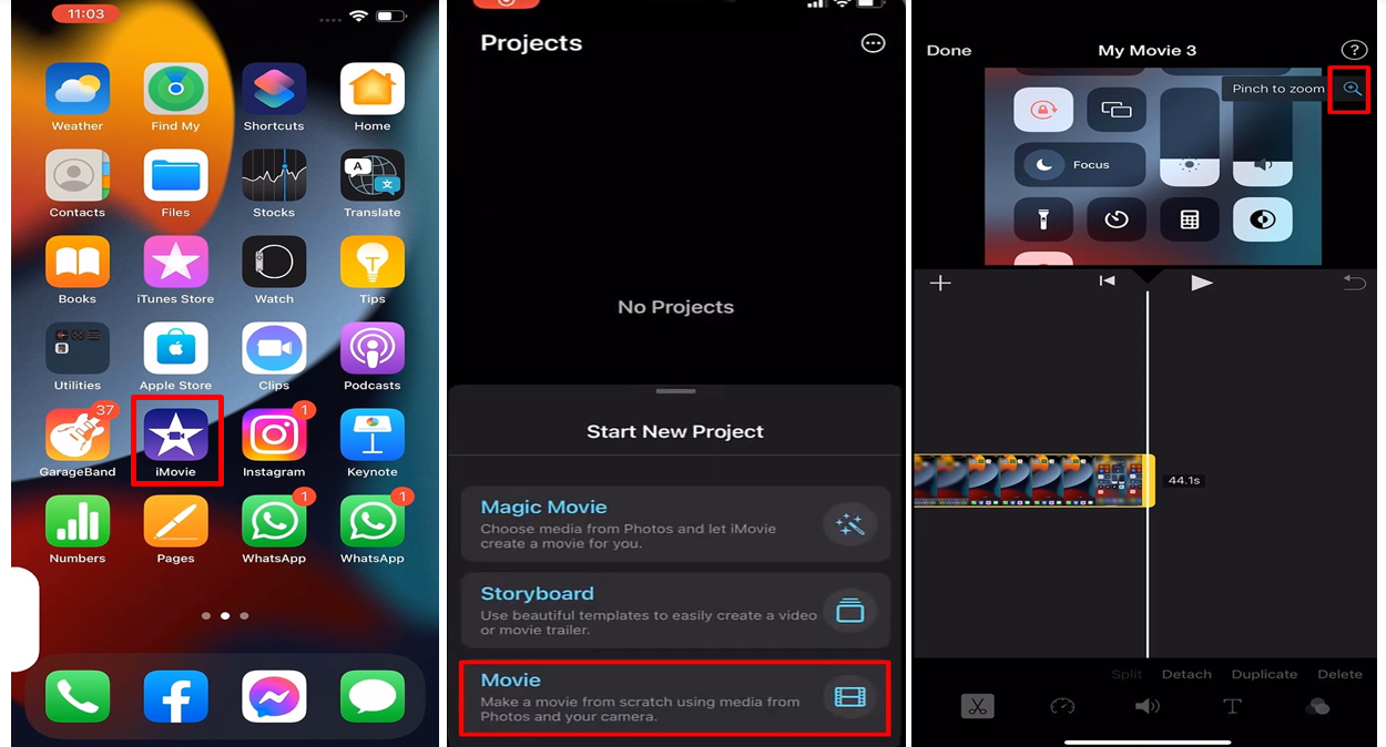 Interface of iMovie app
